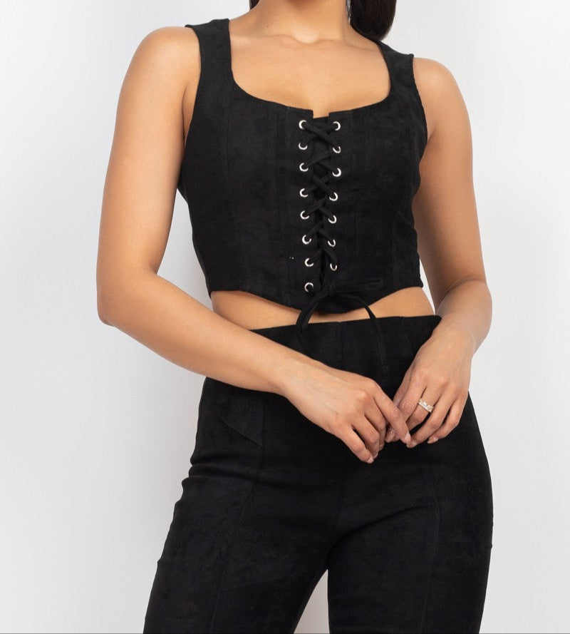 Velvety Lace-up Crop Top & Seamed Pants Set