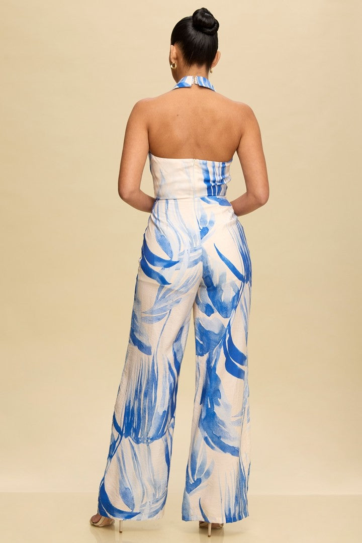 Palms Print Halter Neck Jumpsuit