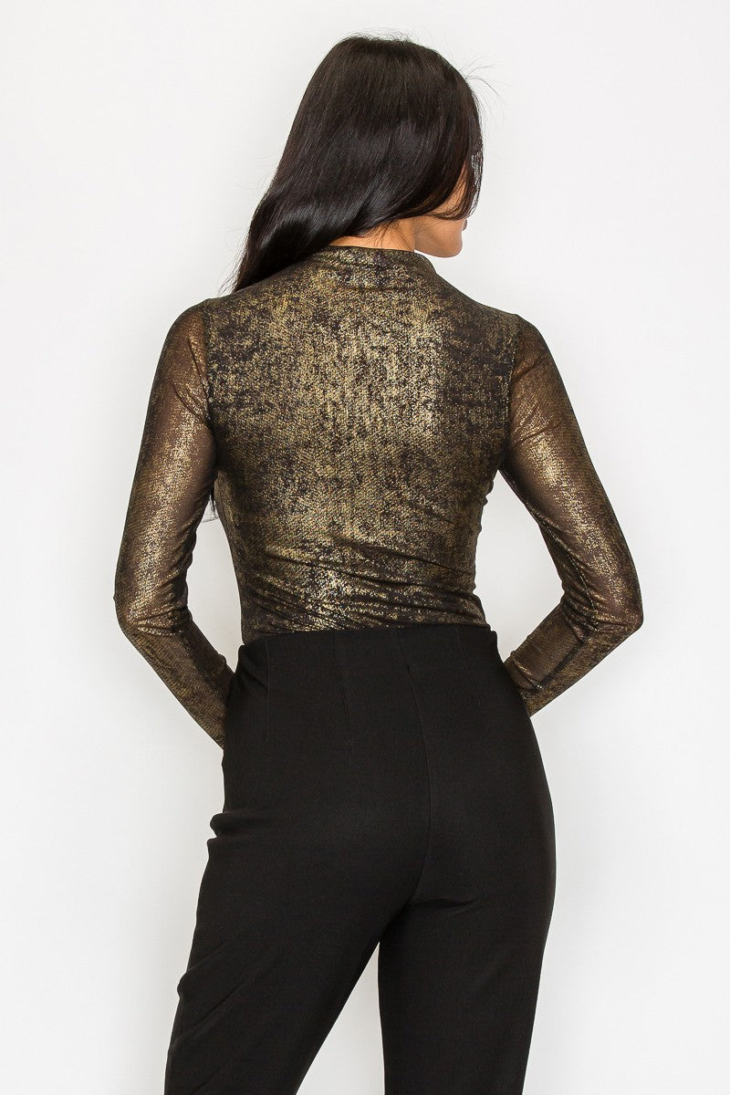 Mock Mesh Foil Long Sleeve Bodysuit