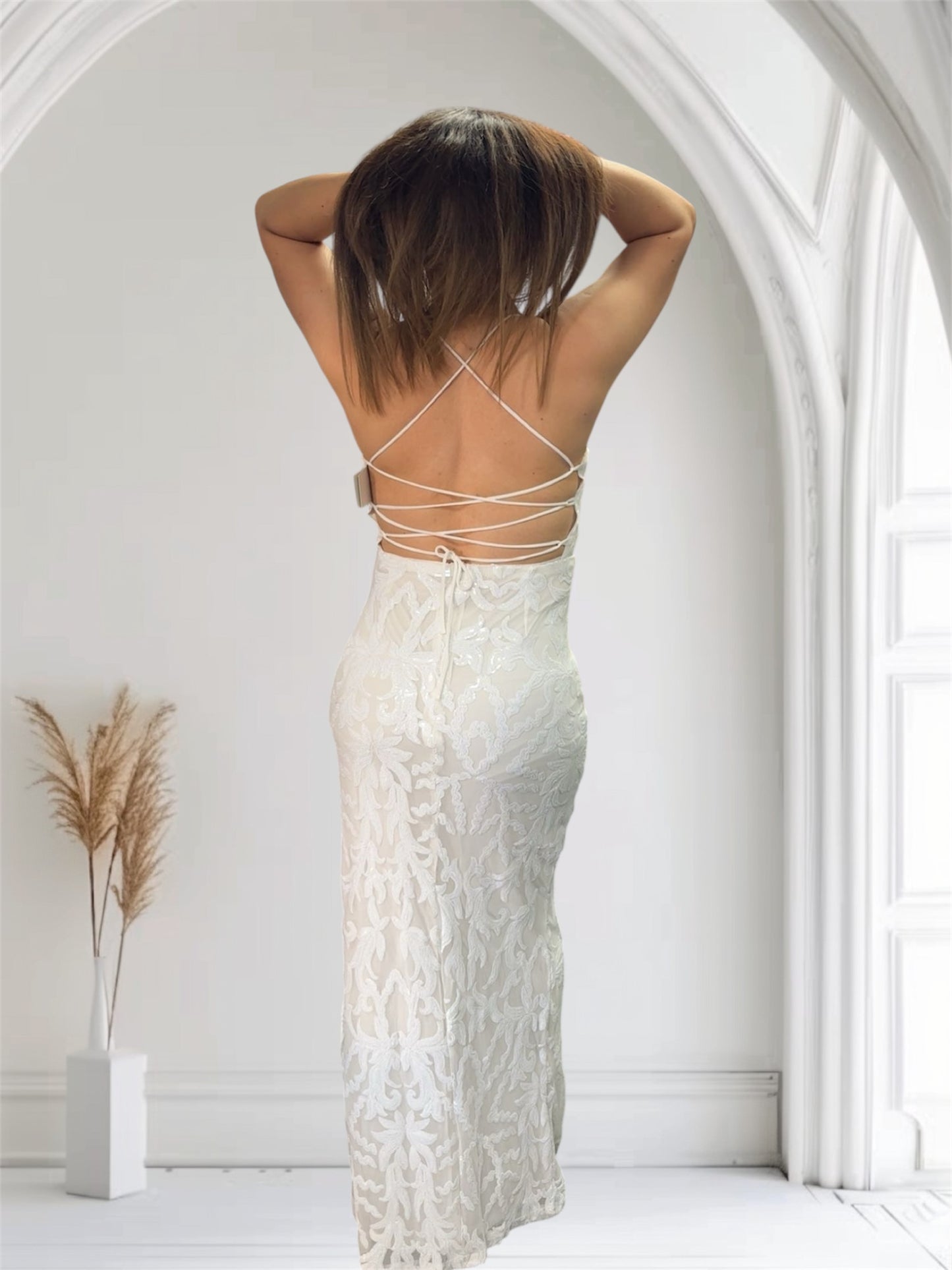 Sequin Back-crisscross Tie Slit Dress