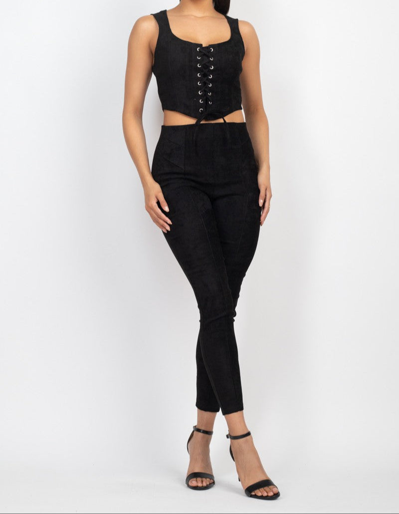 Velvety Lace-up Crop Top & Seamed Pants Set