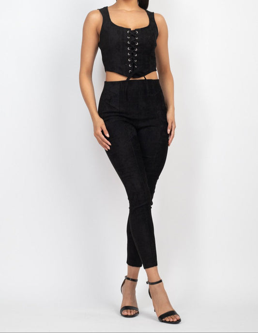 Velvety Lace-up Crop Top & Seamed Pants Set