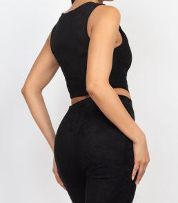 Velvety Lace-up Crop Top & Seamed Pants Set