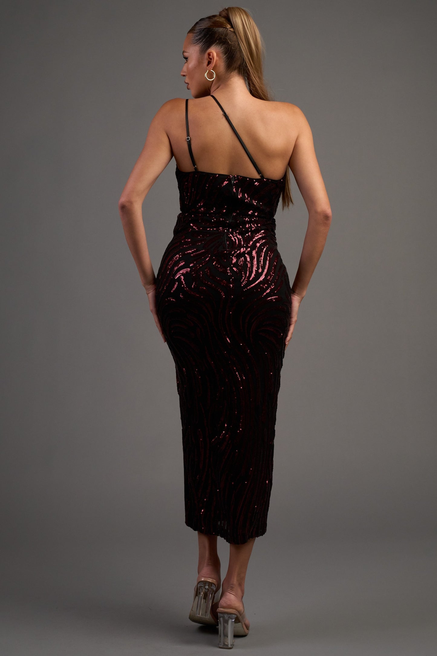 Luxe Wave Sequins Asymmertic Shoulder Midi Dress