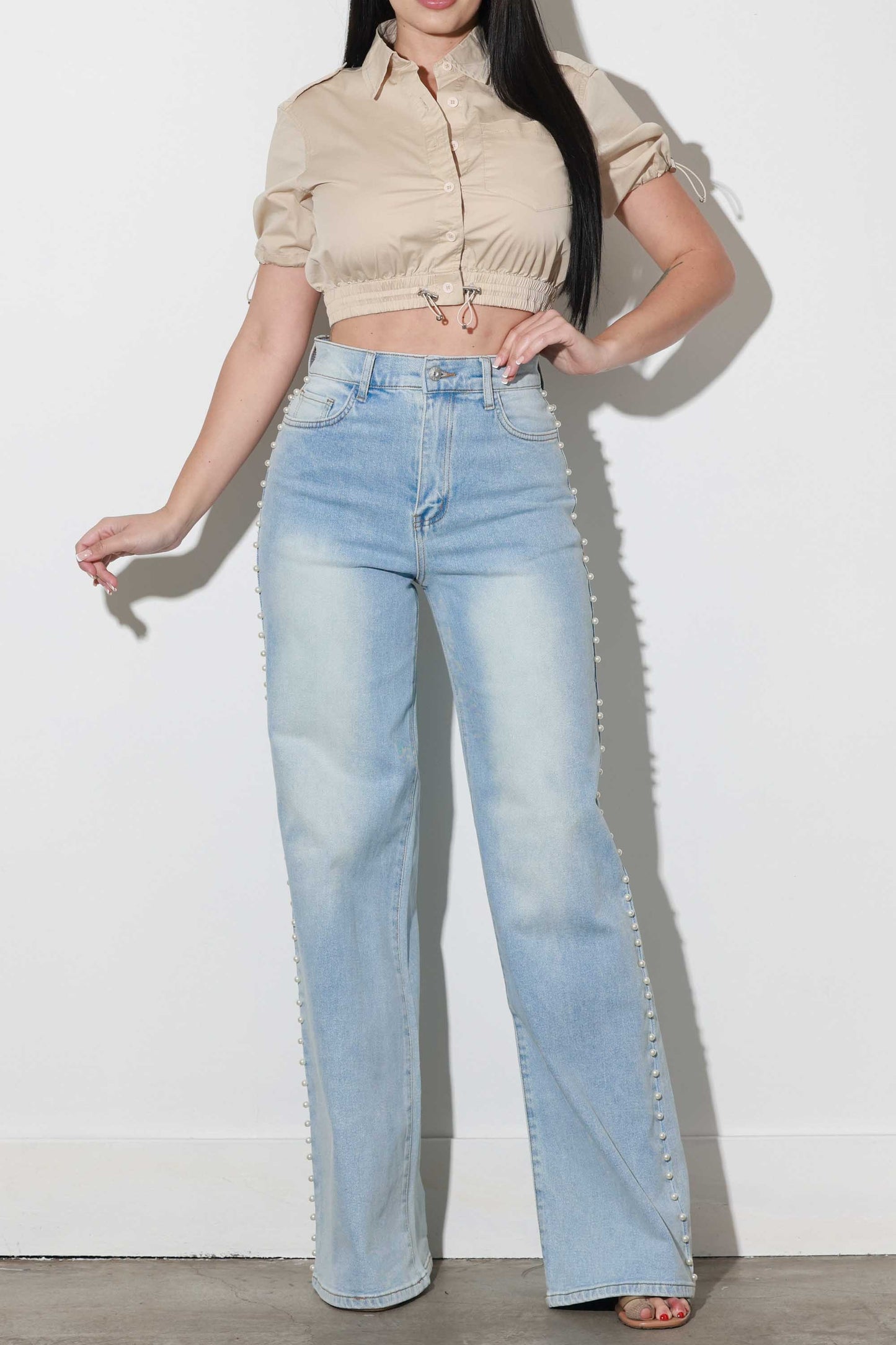 Pearl Stud High Rise Wide Jeans