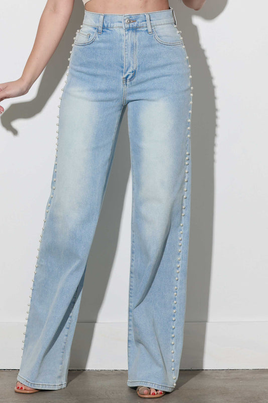 Pearl Stud High Rise Wide Jeans