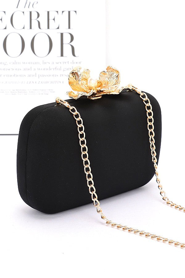 Pearl Flower Clasp Satin Box Clutch Bag