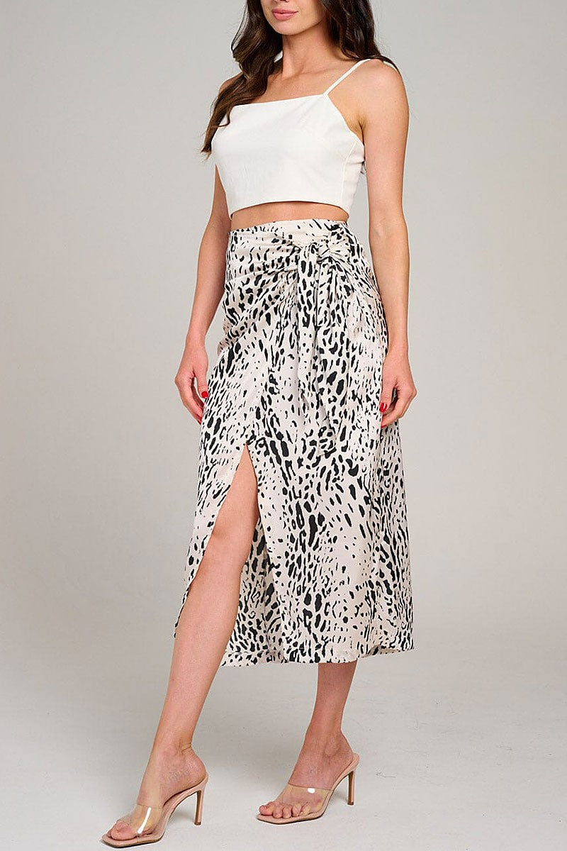 Elastic Waist Animal Print Wrap Midi Skirt