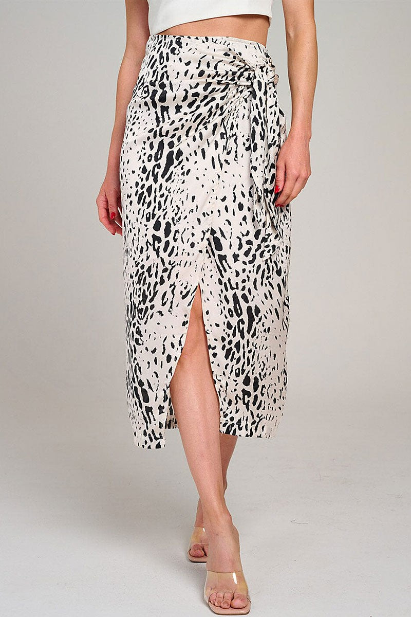 Elastic Waist Animal Print Wrap Midi Skirt