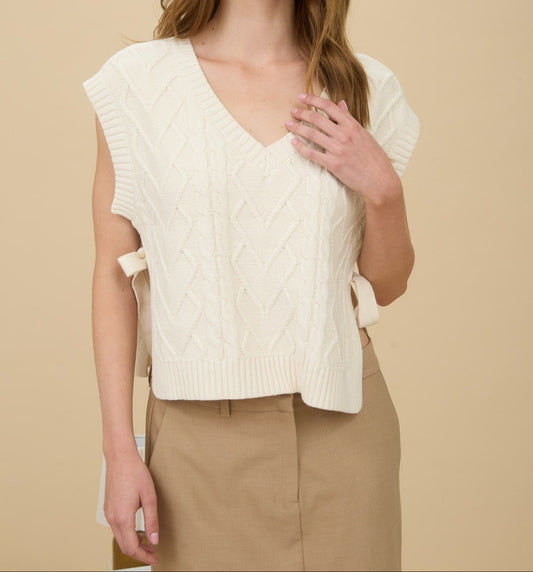 Cable Knit V Neck Side Tie Sweater Vest