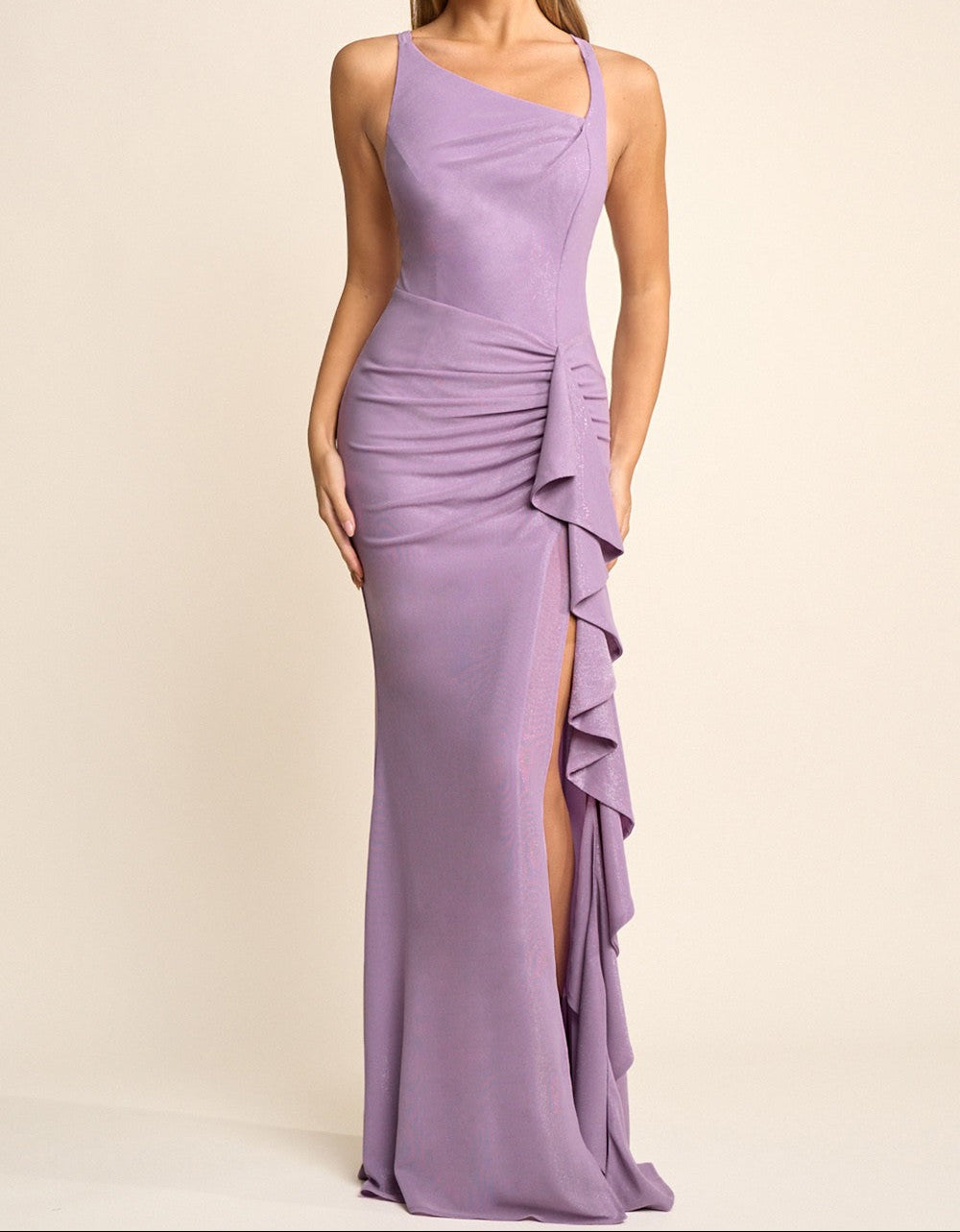 Asymmetrical Neck Line Ruffle Dreail Maxi Dress