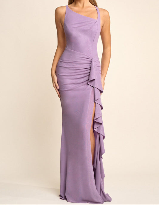 Asymmetrical Neck Line Ruffle Dreail Maxi Dress