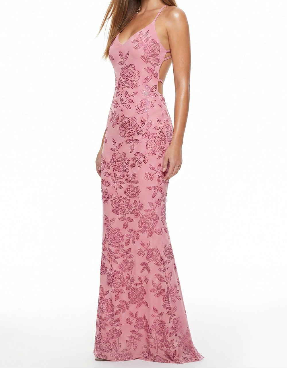 Rhinestone Maxi Dress Floral Pattern Rhinestone Maxi Dress