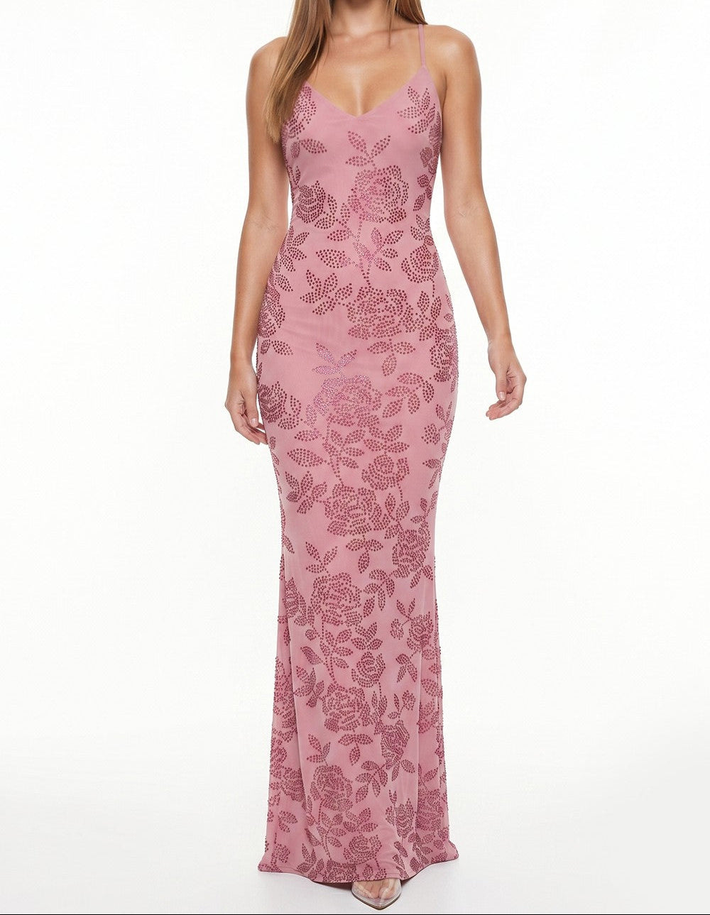 Rhinestone Maxi Dress Floral Pattern Rhinestone Maxi Dress