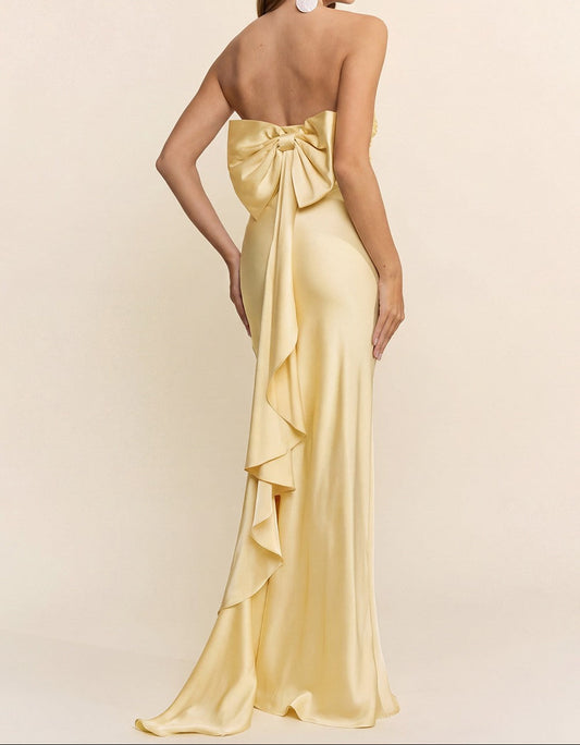 Strapless Satin Maxi Dress With Bow Detail