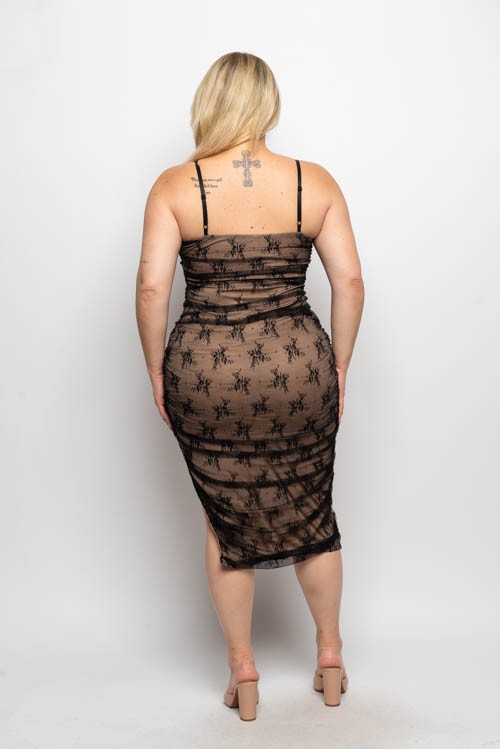 Plus Size Lace Square Neck Side Ruched Midi Dress
